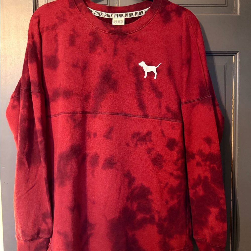 PINK Victoria's Secret Red Tie-Dye Logo Crewneck Sweatshirt